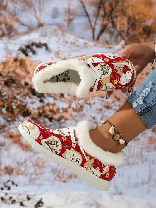 Fashionable Snow Shoes for Women: Beige Christmas Shoes with White Fur - Ideal for Winter Sports and Casual Wear