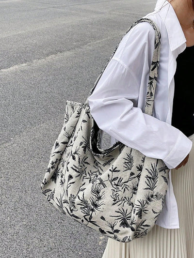 Nature-Inspired Plant Pattern Shoulder Tote Bag