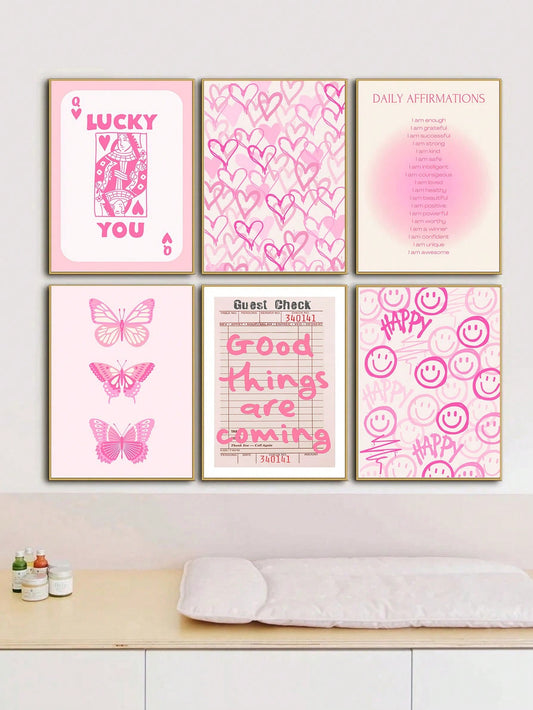 Positivity in Pink: Set of 6 Preppy Art Trendy Posters for Modern Living Spaces