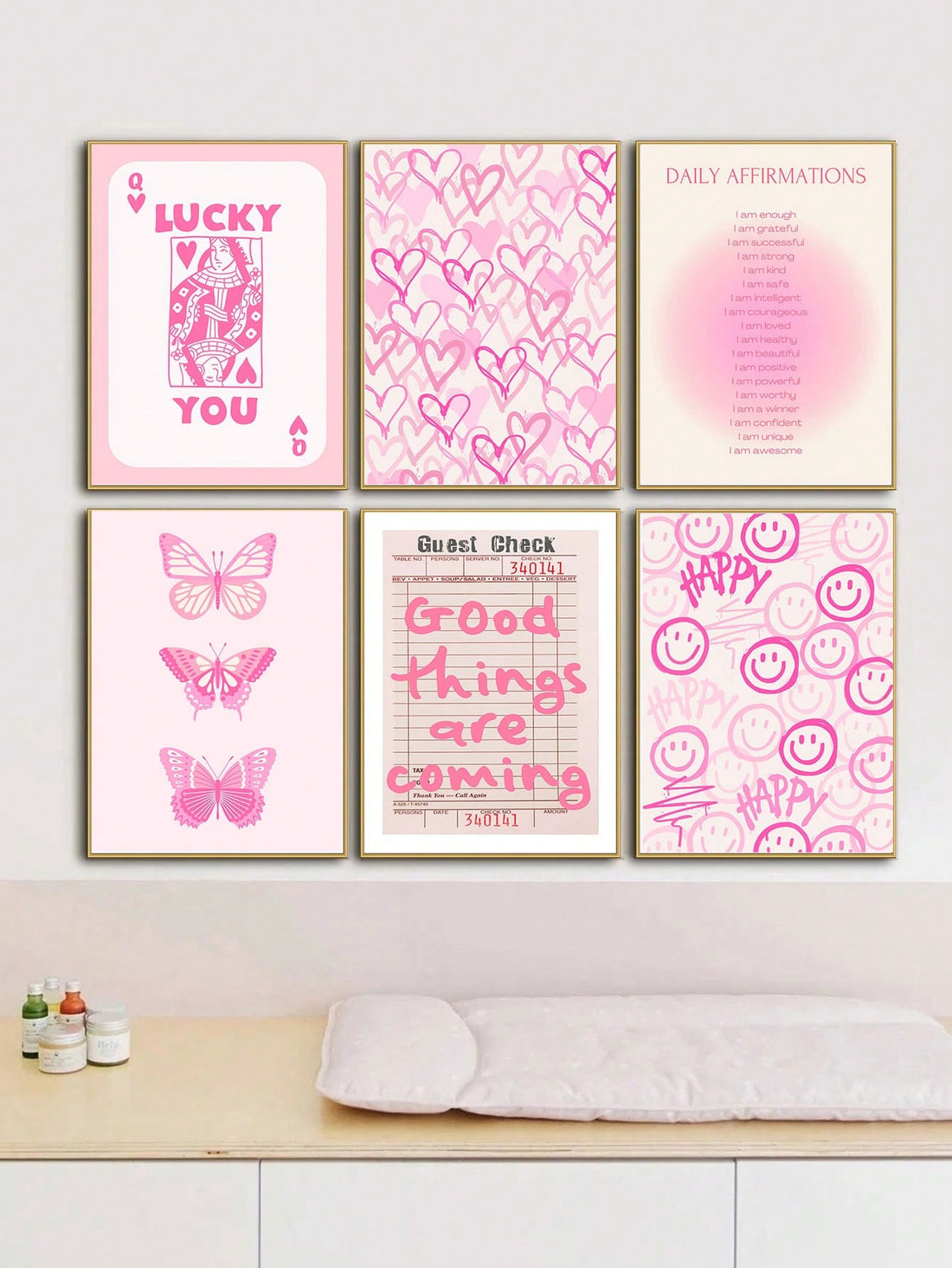 Enhance your living space with Positivity in Pink. This set of 6 preppy art posters brings a trendy touch to your modern home. With inspiring messages and chic design, these posters add a positive and stylish element to any room. Elevate your décor and boost your mood with Positivity in Pink.