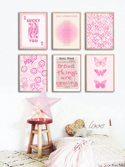 Positivity in Pink: Set of 6 Preppy Art Trendy Posters for Modern Living Spaces