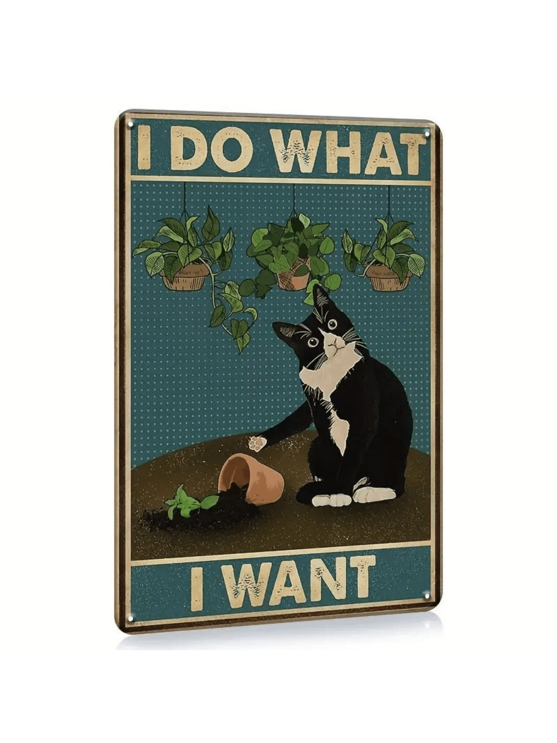 This "I Do What I Want" Funny Cat Vintage Metal Tin Sign is a perfect wall decoration for all cat lovers. With its witty phrase and vintage design, it adds a playful touch to any room. Made from high-quality material, it is durable and long-lasting. Show off your love for cats with this unique and fun sign.