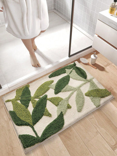 Bamboo Leaf Pattern Plush Forest Bathroom Mat: Soft, Absorbent, and Anti-slip