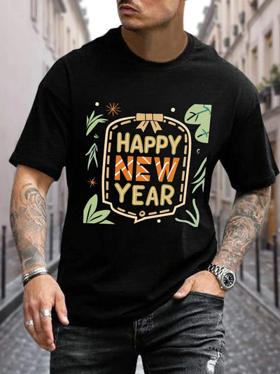 Spread Joy and Fashion with our Plus Size Men's Happy New Year Graphic Print T-Shirt