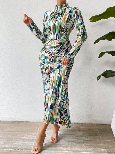 Stylish Sophistication: Printed Standing Collar Pleated Dress