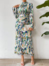 Stylish Sophistication: Printed Standing Collar Pleated Dress