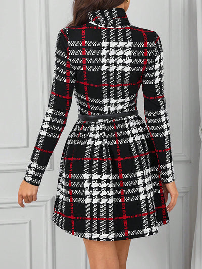 Chic and Stylish: Funnel Neck Plaid Dress with Sleeves