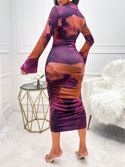 Radiant Tie-Dye Flounce Sleeve Bodycon Dress