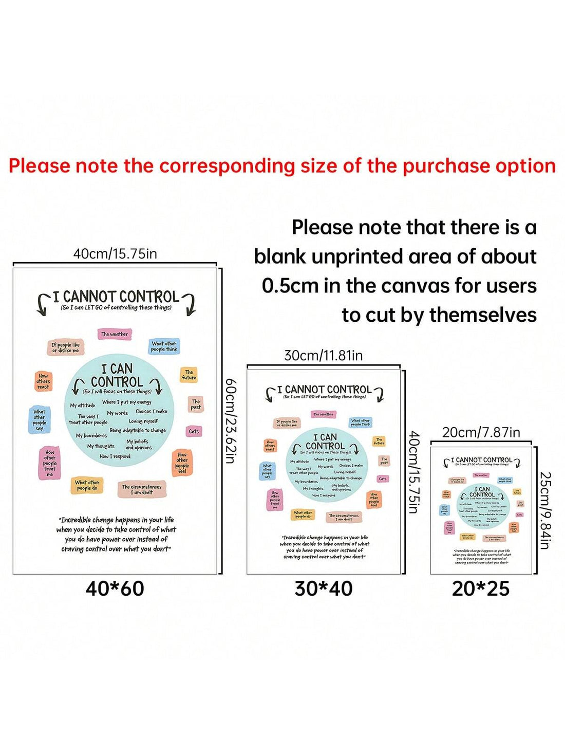 Discover the power of mindfulness with our "Inspirational Canvas Print: What I Can & Cannot Control". This beautiful print serves as a daily reminder to focus on what you can control and let go of what you can't. Featuring high-quality canvas and inspiring typography, this piece is a must-have for any personal or professional space.