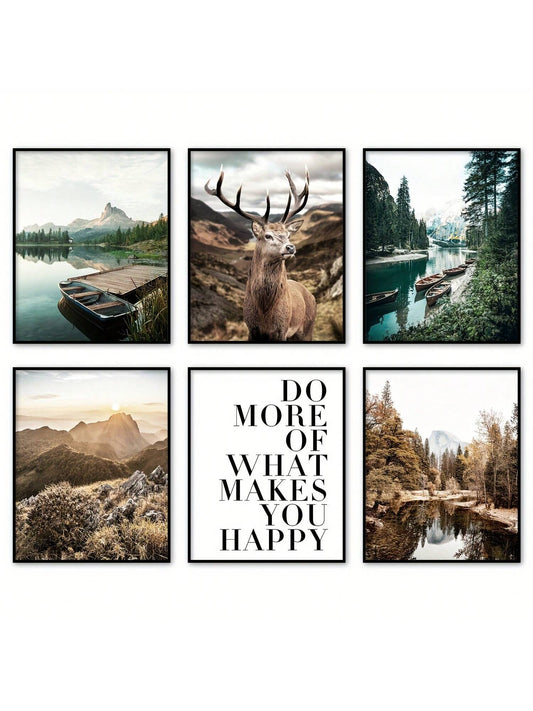 Nature's Serenity: 6-Piece Set of Frameless Canvas Landscape Art Posters for Home Decor