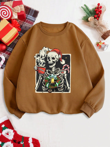 Festive-Chic: Women's Christmas Skull-Printed Fleece Sweatshirt