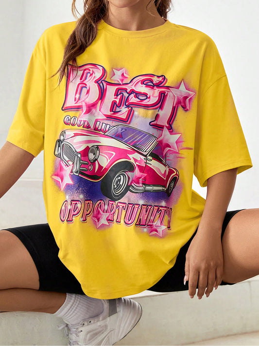 Vintage Car and Letter Print Short Sleeve Tee