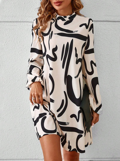 Effortlessly Chic: Graphic Print Mock Neck Lantern Sleeve Dress