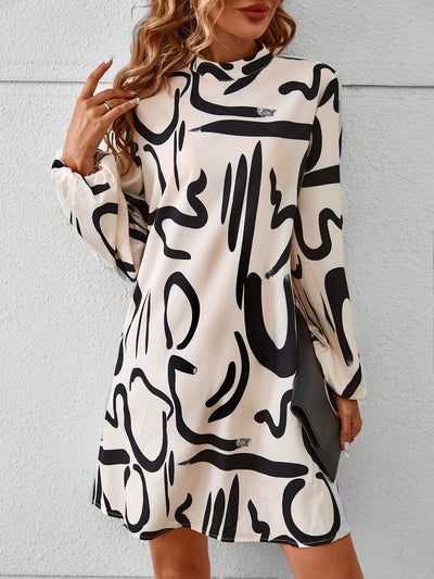 Effortlessly Chic: Graphic Print Mock Neck Lantern Sleeve Dress