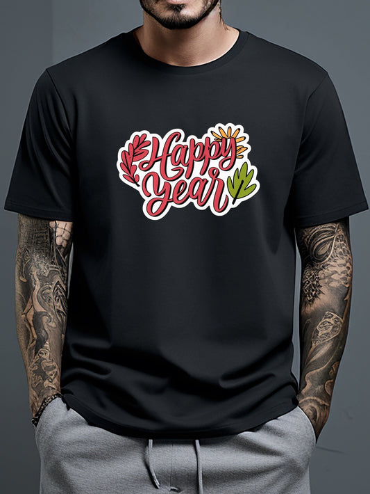 Celebrate the New Year in style with our Happy New Year Print T-Shirt for Men. This casual short sleeve tee is perfect for summer and features a festive "Ring in the New Year" design. Made with high-quality materials for ultimate comfort. Upgrade your wardrobe and start the year off on a fashionable note