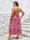 Summer Vibes: Plus Size Tropical Print Halter Neck High Slit Dress