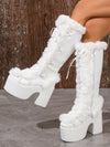 Pink Knee-High Plush Lined Punk Boots: Embrace Style with a Bold Twist