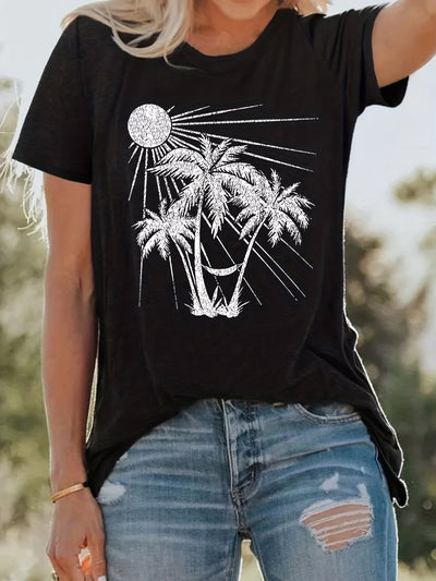 Tropical Vibes: Women's Coconut Tree Print T-Shirt - Perfect for Vacation!