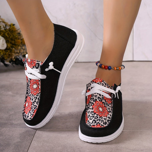 Look stylish and be comfortable with these Women's Leopard & Floral Pattern Canvas Shoes. With a casual lace-up design and lightweight low top sneakers, these shoes are perfect for outdoor activities. Reinforced suede cushion insoles and hard-wearing outsoles ensure you won't have any foot pain.