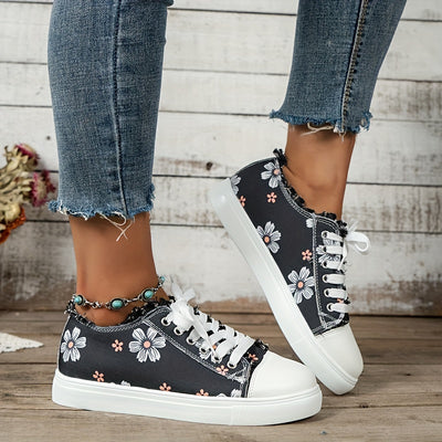 Classic Flower Printed Canvas Sneakers for Women - Comfortable Low Top Lace Up Walking Shoes