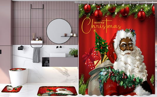 Make your holidays merry with the 4-piece Santa Claus Shower Curtain Set. The set includes a water-resistant curtain, a non-slip shower mat, a toilet carpet, and more for stylish holiday decor. Make your home safe and stylish all year round.