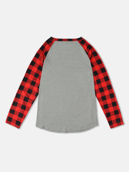 Fashionable and Cozy: New Year Plaid Print T-Shirt - A Must-Have Casual Crew Neck Long Sleeve Top for Women!