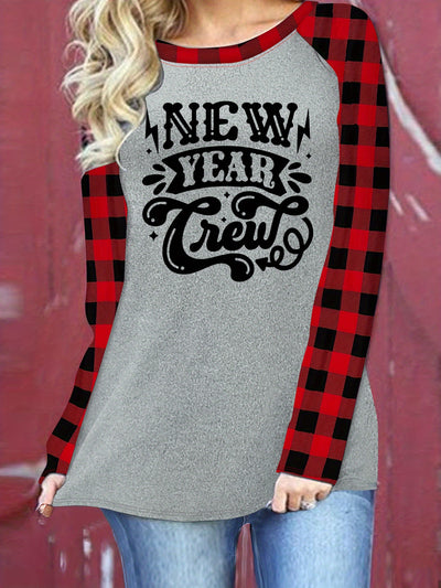 Elevate your casual style with our Fashionable and Cozy New Year Plaid Print T-Shirt. Featuring a trendy plaid print and a comfortable crew neck, this long sleeve top is a must-have for any fashion-forward woman. Stay cozy and stylish during the New Year festivities!