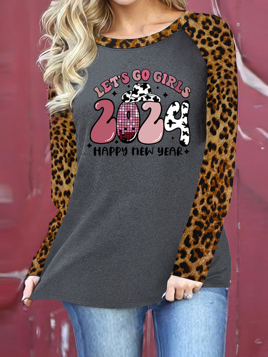 Celebrate the new year in style with our trendy Happy New Year Print T-Shirt. This casual crew neck top is designed to keep you comfortable while bringing a touch of festivity to your wardrobe. With its long sleeves and unique print, it's the perfect addition to any fashion-forward woman's closet.