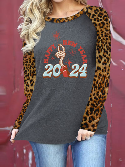 Ring in the Fabulous 2024 with Our Happy New Year Print T-Shirt: A Stylish & Casual Long Sleeve Top for Women