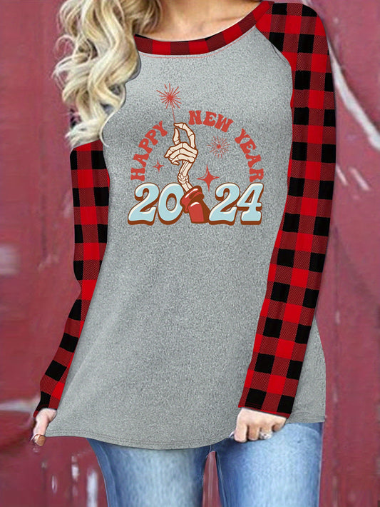 Celebrate the new year in style with our Ring in the Fabulous 2024 T-Shirt! This long sleeve top features a festive "Happy New Year" print, perfect for any casual occasion. Made for women, this stylish shirt is the perfect addition to your wardrobe.