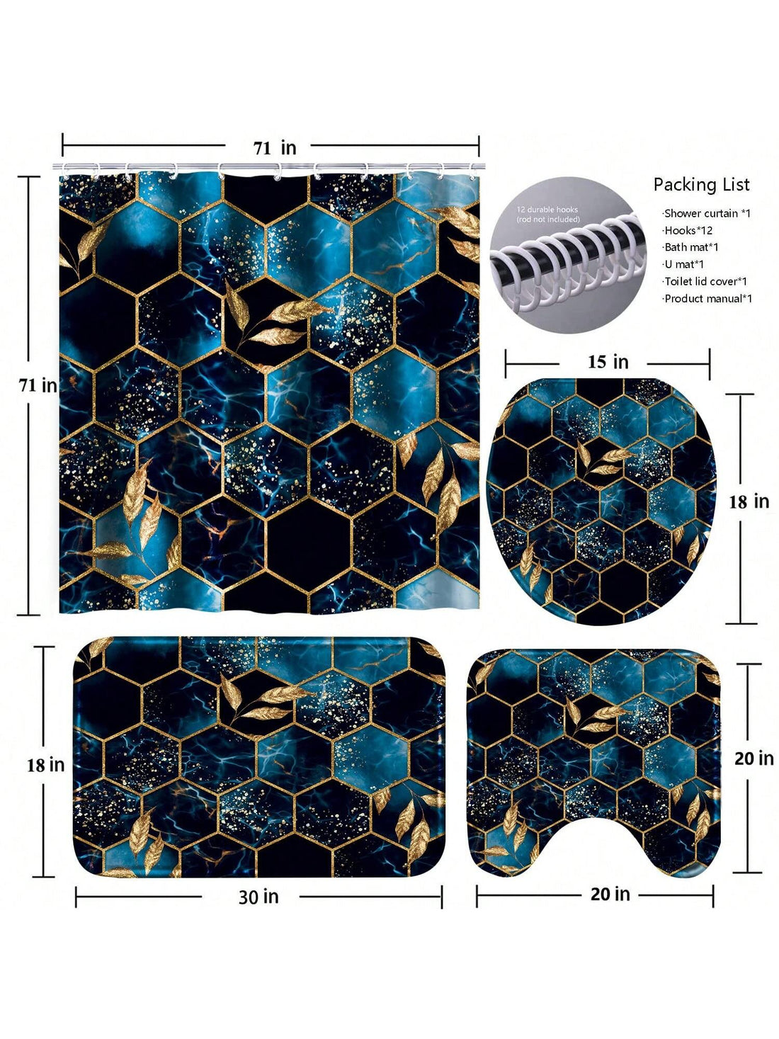 Experience luxury with our Sky Blue Honeycomb Marble 4-Piece <a href="https://canaryhouze.com/collections/shower-curtain" target="_blank" rel="noopener">Bathroom Set</a>. Made with high-quality materials and featuring a beautiful marble design, this set includes a shower curtain, rug, and two matching rugs. The perfect addition to any bathroom, providing both comfort and style.