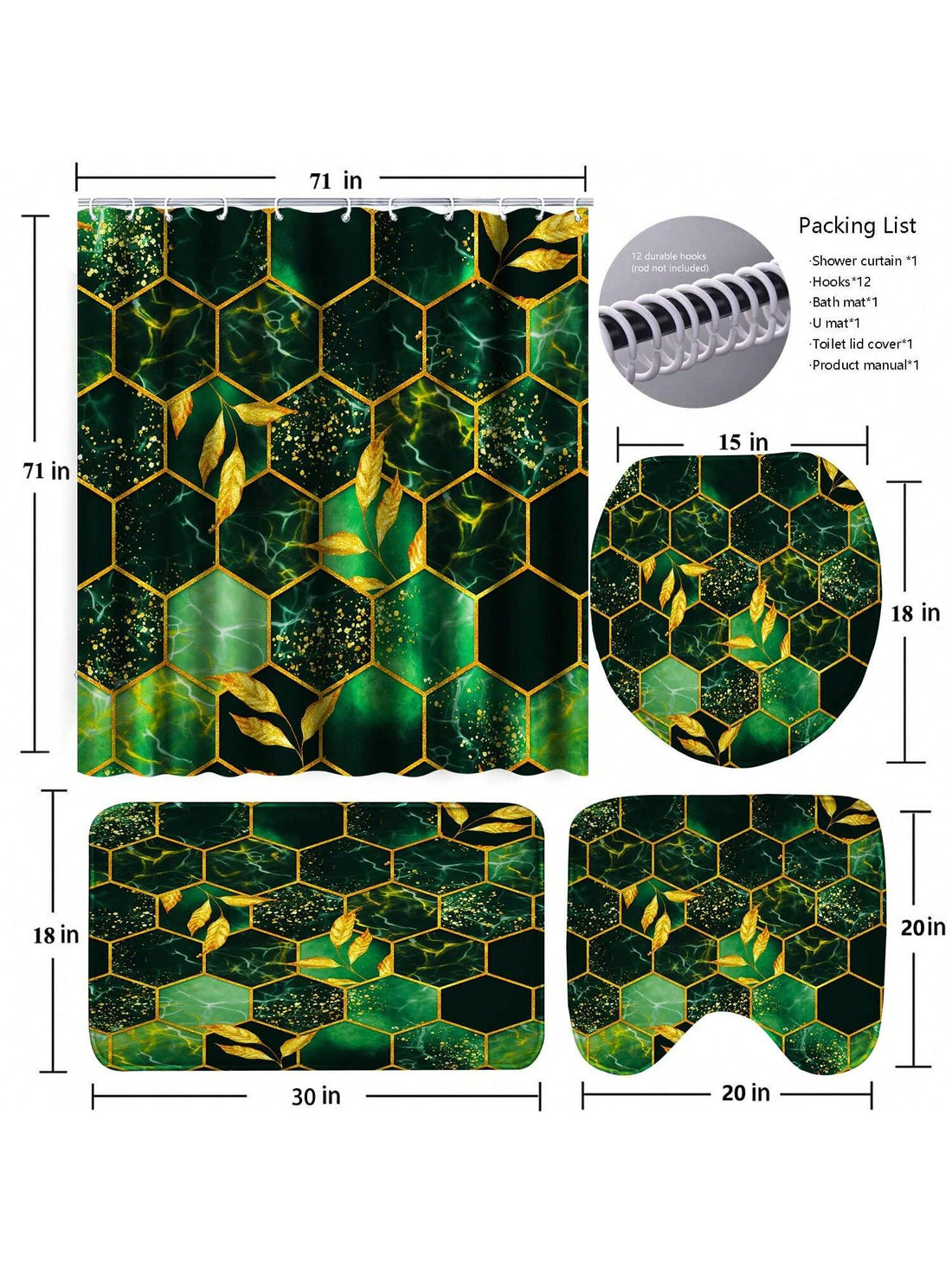 Expertly designed for a luxurious bathroom experience, our Green Honeycomb Marble 4-Piece set includes a <a href="https://canaryhouze.com/collections/shower-curtain" target="_blank" rel="noopener">shower curtain</a>, rugs, and hooks. The sleek green marble design adds an elegant touch, while the set provides practical benefits such as enhanced slip resistance and easy maintenance.