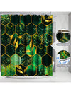 Green Honeycomb Marble 4-Piece Bathroom Shower Curtain Set with Rugs and Hooks