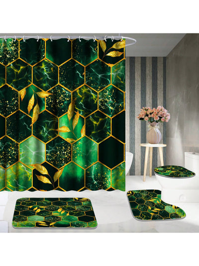 Green Honeycomb Marble 4-Piece Bathroom Shower Curtain Set with Rugs and Hooks