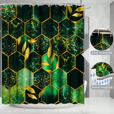 Green Honeycomb Marble 4-Piece Bathroom Shower Curtain Set with Rugs and Hooks