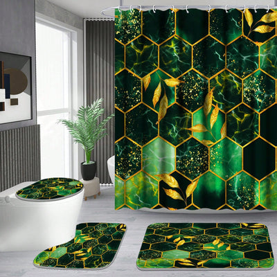 Green Honeycomb Marble 4-Piece Bathroom Shower Curtain Set with Rugs and Hooks