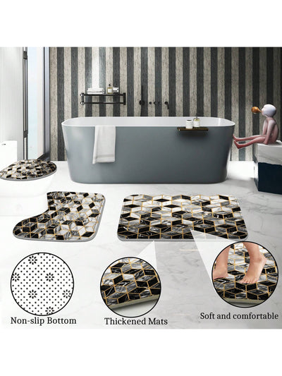 Honeycomb Marble Bathroom Bliss: 4-Piece Shower Curtain Set