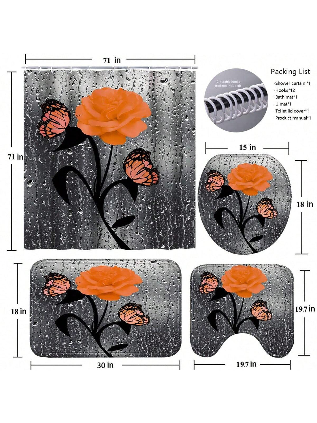 Transform your bathroom into a romantic oasis with the Orange Rose Romance 4-Piece Set. Featuring a <a href="https://canaryhouze.com/collections/shower-curtain" target="_blank" rel="noopener">shower curtain</a>, rugs, bath mat, and toilet lid cover, this set adds a touch of elegance to your daily routine. Keep your floors dry and your bathroom coordinated with this beautiful set.