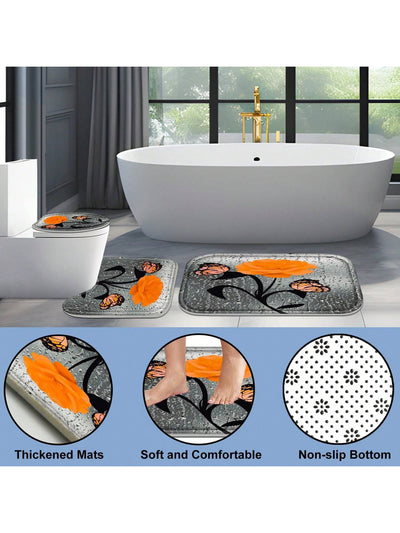 Orange Rose Romance: 4-Piece Bathroom Set with Shower Curtain, Rugs, Bath Mat, and Toilet Lid Cover