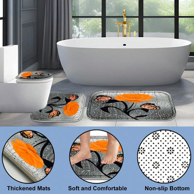 Orange Rose Romance: 4-Piece Bathroom Set with Shower Curtain, Rugs, Bath Mat, and Toilet Lid Cover