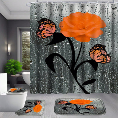 Orange Rose Romance: 4-Piece Bathroom Set with Shower Curtain, Rugs, Bath Mat, and Toilet Lid Cover