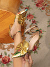 Stylish Floral Patterned Thin Heeled Pumps with Gold Bowknot: A High-end Fashion Must-Have!