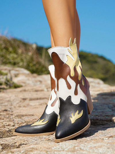 Wild West Chic: Vintage Geometric Flame Cowboy Boots for Farm, Ranch, or Motorcycle Riding