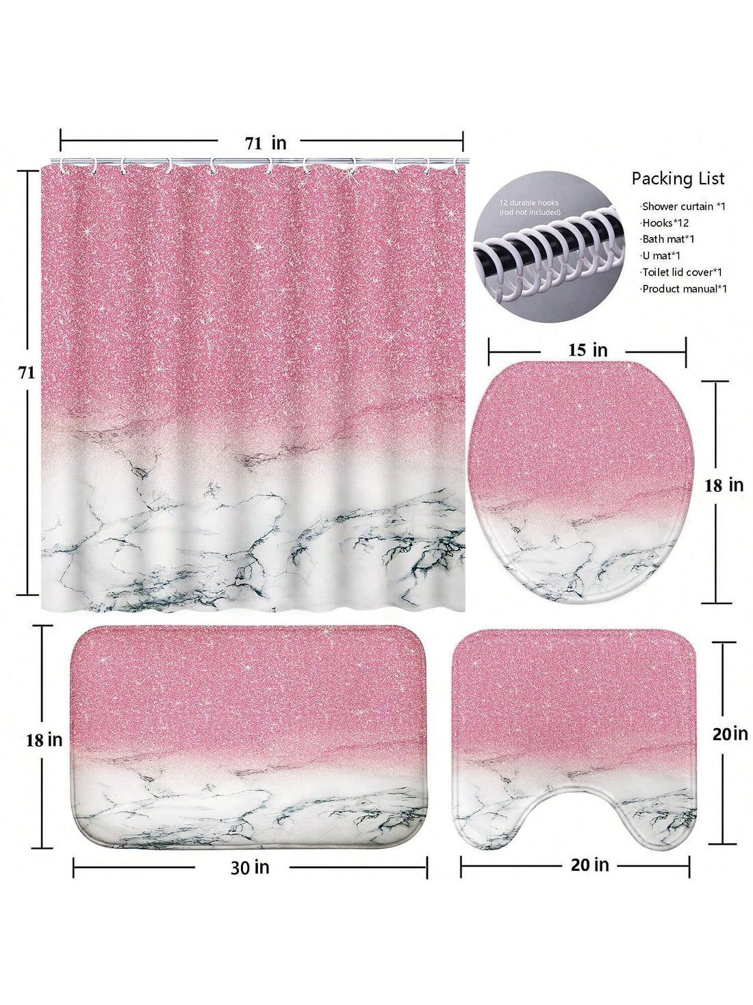 Experience a stunning bathroom transformation with our Pink Marble Bathroom <a href="https://canaryhouze.com/collections/shower-curtain" target="_blank" rel="noopener">Shower Curtain</a> Set. This all-in-one decor package includes a beautiful shower curtain, along with matching rugs and mats. The luxurious pink marble design adds a touch of elegance to your bathroom, creating a serene and stylish atmosphere. Elevate your bathroom experience with this complete set.