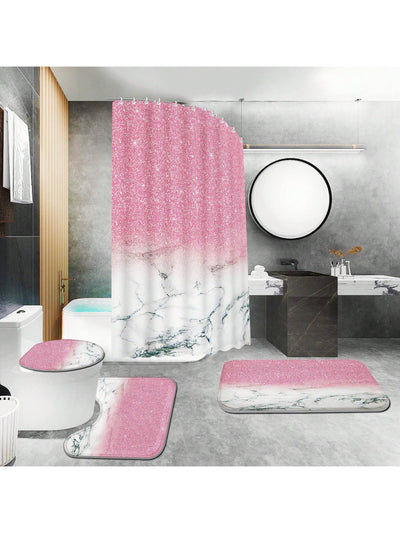 Pink Marble Bathroom Shower Curtain Set: Complete Bathroom Decor Package with Rugs and Mats