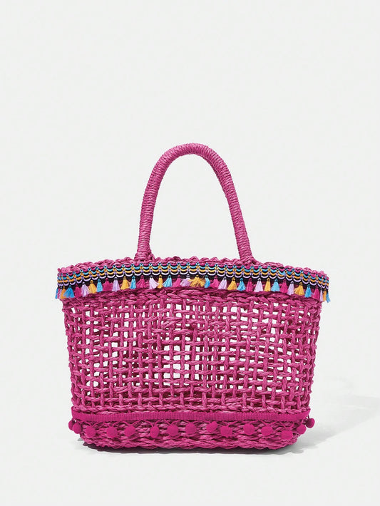Handcrafted Elegance: Tassel Detail Double Handle Crochet Bag