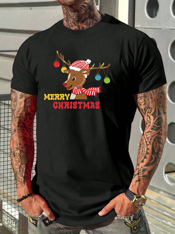 Festive Christmas Reindeer and Slogan Print Men's Short Sleeve T-shirt for a Stylish Holiday Look