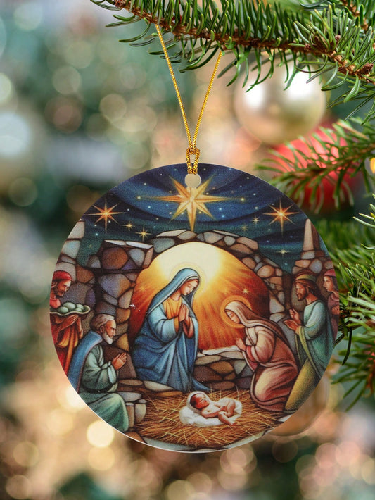 "Experience the true meaning of Christmas with our Nativity Ornament. Perfect for holiday decorating and Christian gift-giving, this ornament features a beautiful depiction of the Nativity scene. Bring joy and meaning to your celebrations and share the story of Jesus' birth with our thoughtful ornament."