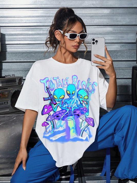 Step out of this world with our Women's Alien Slogan Print T-shirt. Made with soft and comfortable fabric, this shirt features a unique alien slogan print that is sure to turn heads. Perfect for any casual occasion, make a statement with this out-of-this-world design.