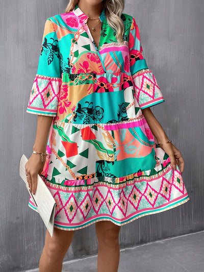 Geo Print Flounce Sleeve Ruffle Hem Smock Dress